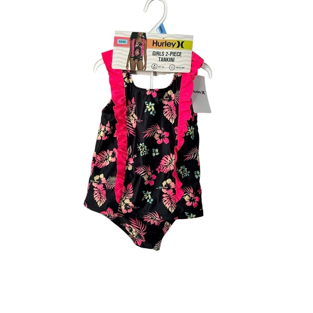 Hurley Kids' Black and Pink Floral Tankini Set